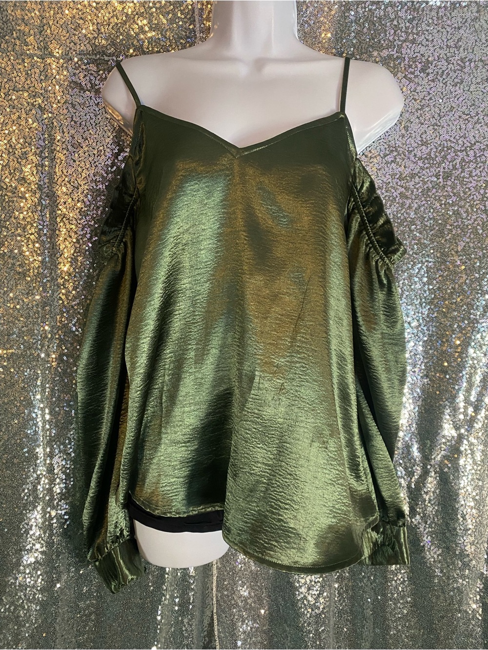 ✨🫒🍸Liquid Metallic Olive Green Cold-Shoulder Blouse | Balloon Sleeves | Sz M